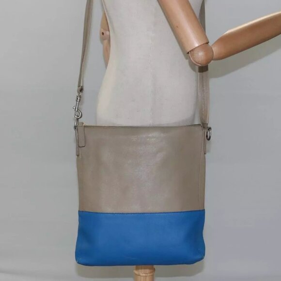 CELINE Shoulder Bag Leather Beige Gold blue Auth - Picture 1 of 15
